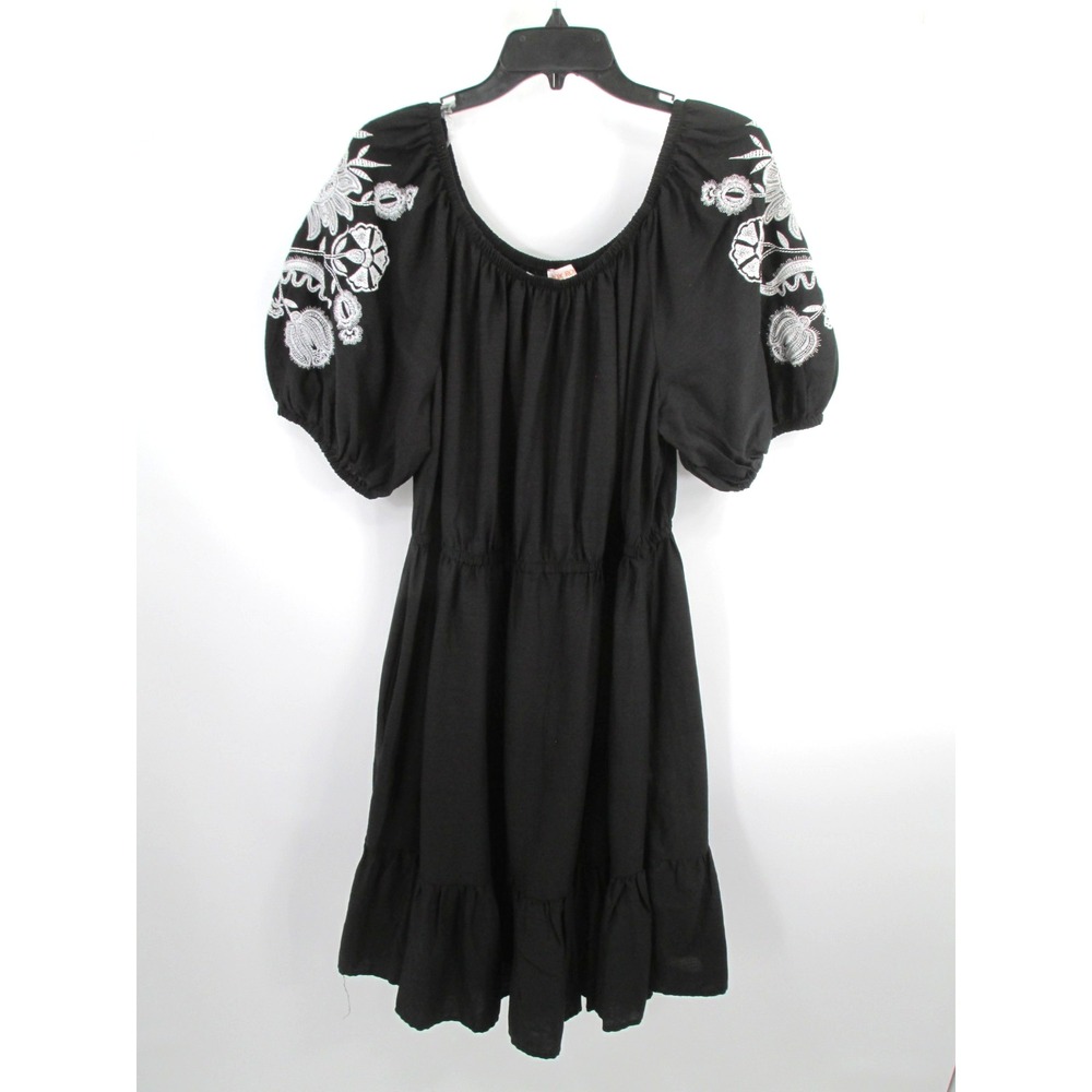 Knox Rose Black White Embroidered Maxi Peasant Dress XXL Boho Puff Sleeve